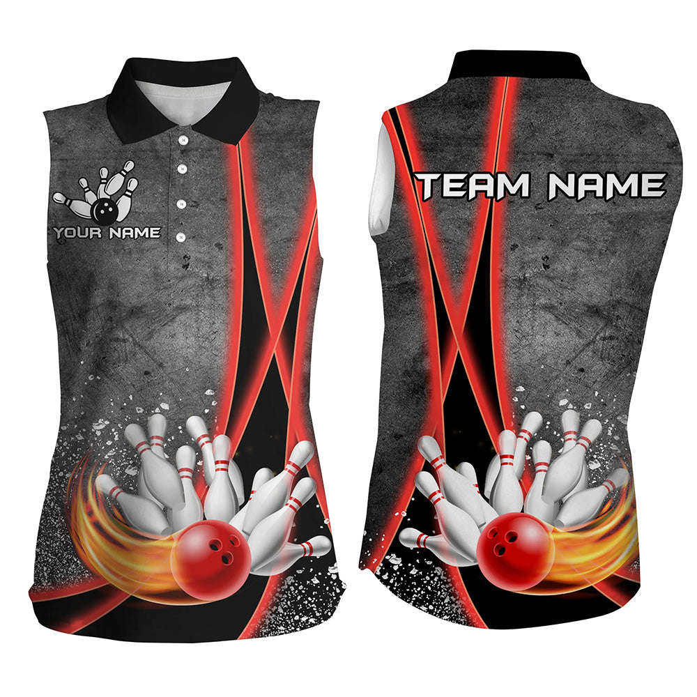 Black grunge Custom Flame Bowling Sleeveless Polo Shirts, Personalized Bowling Team Jerseys | Red NQS8898