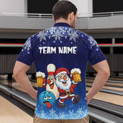 Funny Santa Drink Beer Blue snowflake Bowling Shirts For Men Custom Christmas Bowling Team Jerseys NQS11056