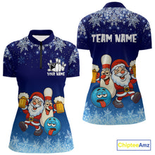 Load image into Gallery viewer, Funny Santa Drink Beer Blue snowflake Bowling Shirts For Women Custom Christmas Bowling Team Jerseys NQS11056