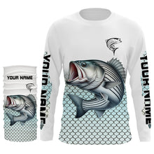 Load image into Gallery viewer, Striped Bass Fishing jerseys, Striper scales Custom name Long Sleeve performance Fishing Shirts NQS4513