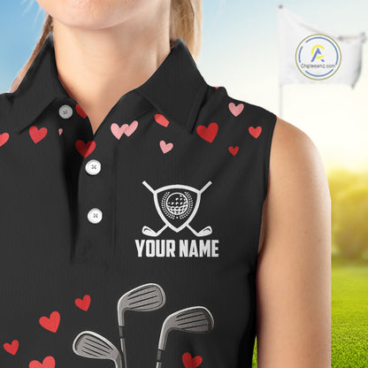Black and Red Heart Pattern Valentine Sleeveless Golf Polo Shirt Custom Valentine Golf Gifts For her NQS11229