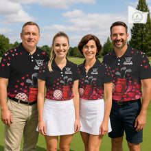 Load image into Gallery viewer, Black &amp; Red Heart Pattern Valentine matching golf polo shirts for couples Custom couples golf outfits NQS11229
