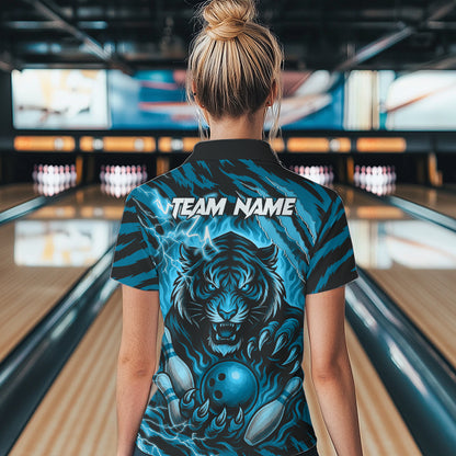 Personalized Tiger Bowling Shirts For Women, Blue Flame Lightning Thunder Tiger Team Bowling Jerseys NQS11232