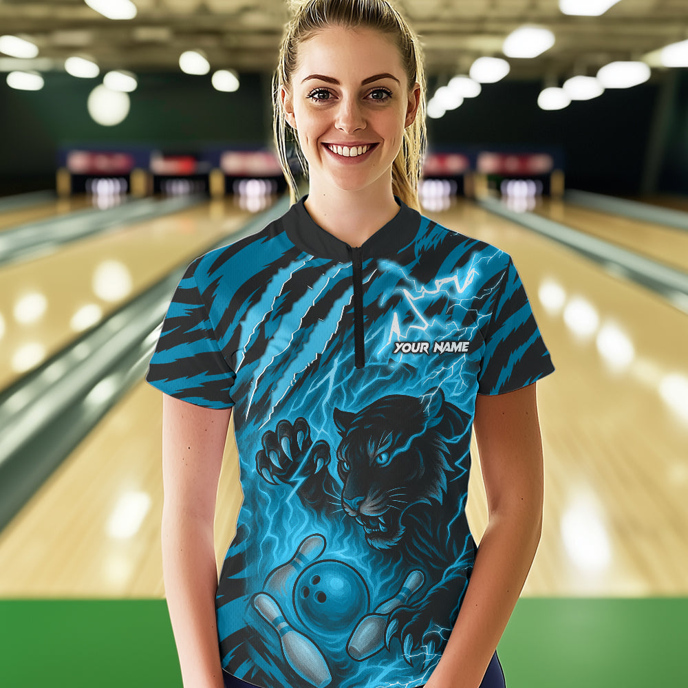 Personalized Tiger Bowling Shirts For Women, Blue Flame Lightning Thunder Tiger Team Bowling Jerseys NQS11232