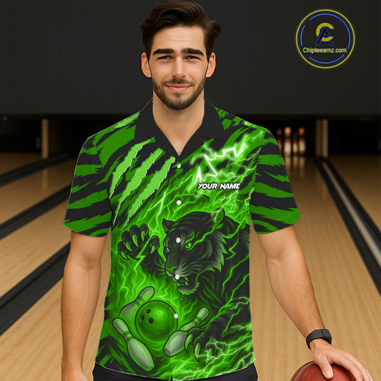 Personalized Tiger Bowling Hawaiian Shirt, Green Flame Lightning Thunder Tiger Team Bowling Jerseys NQS11233