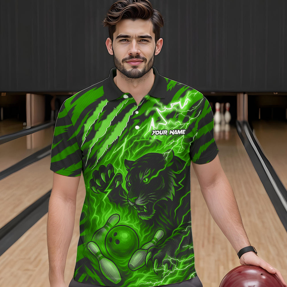 Personalized Tiger Bowling Shirts For Men, Green Flame Lightning Thunder Tiger Team Bowling Jerseys NQS11233