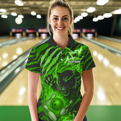 Personalized Tiger Bowling Shirts For Women, Green Flame Lightning Thunder Tiger Team Bowling Jerseys NQS11233