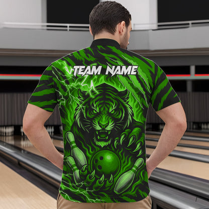 Personalized Tiger Bowling Shirts For Men, Green Flame Lightning Thunder Tiger Team Bowling Jerseys NQS11233