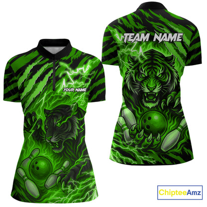 Personalized Tiger Bowling Shirts For Women, Green Flame Lightning Thunder Tiger Team Bowling Jerseys NQS11233