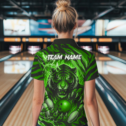 Personalized Tiger Bowling Shirts For Women, Green Flame Lightning Thunder Tiger Team Bowling Jerseys NQS11233