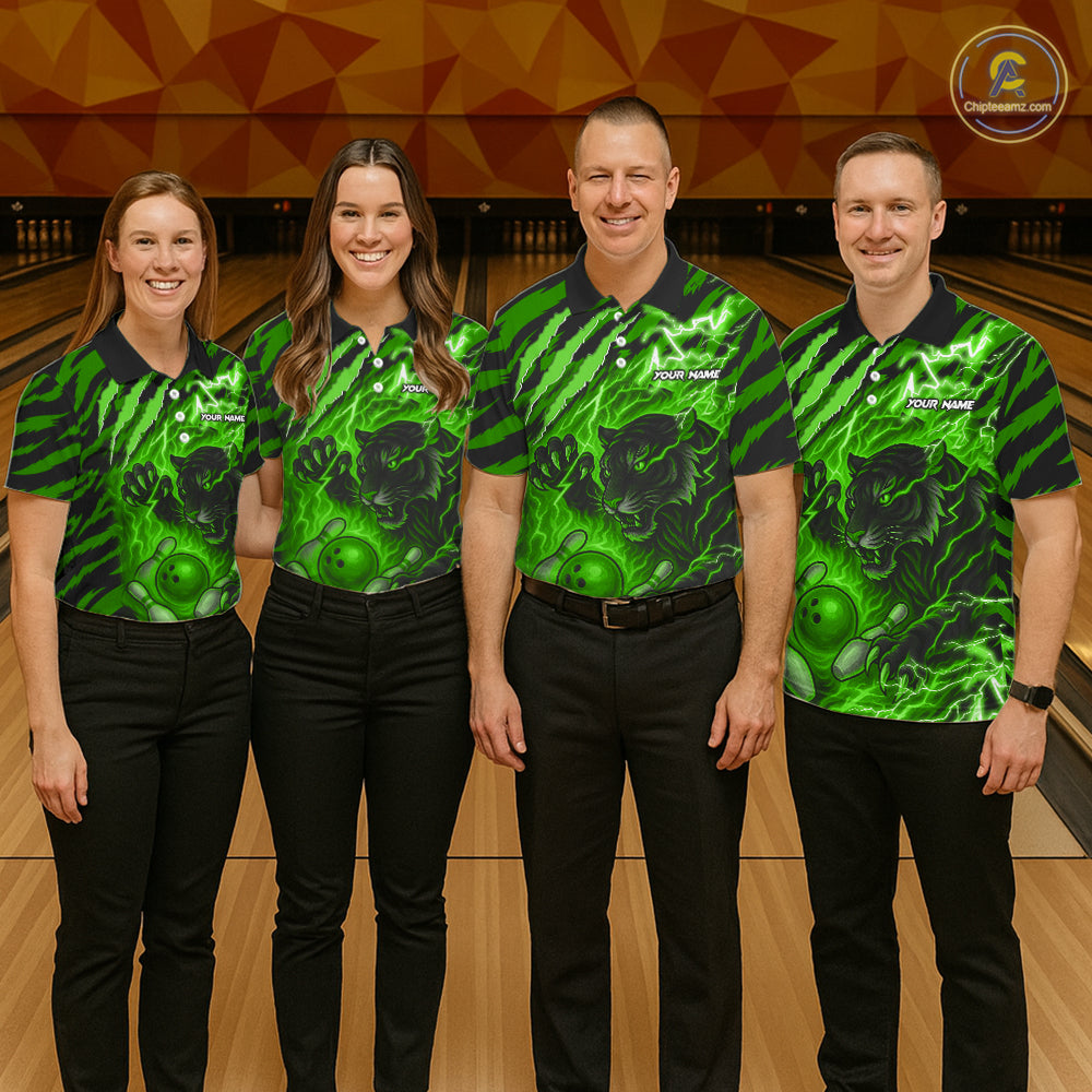 Personalized Tiger Bowling Shirts For Men, Green Flame Lightning Thunder Tiger Team Bowling Jerseys NQS11233