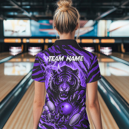 Personalized Tiger Bowling Shirts For Women, Purple Flame Lightning Thunder Tiger Team Bowling Jersey NQS11234