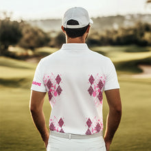 Load image into Gallery viewer, Pink Leopard argyle pattern white Men golf polo shirts custom golf wear for men, unique golf gifts NQS9349