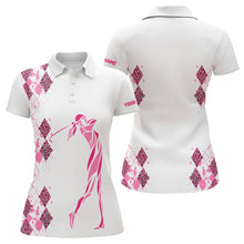 Load image into Gallery viewer, Pink Leopard argyle pattern matching golf shirts for couples custom his and hers matching golf outfits NQS9349