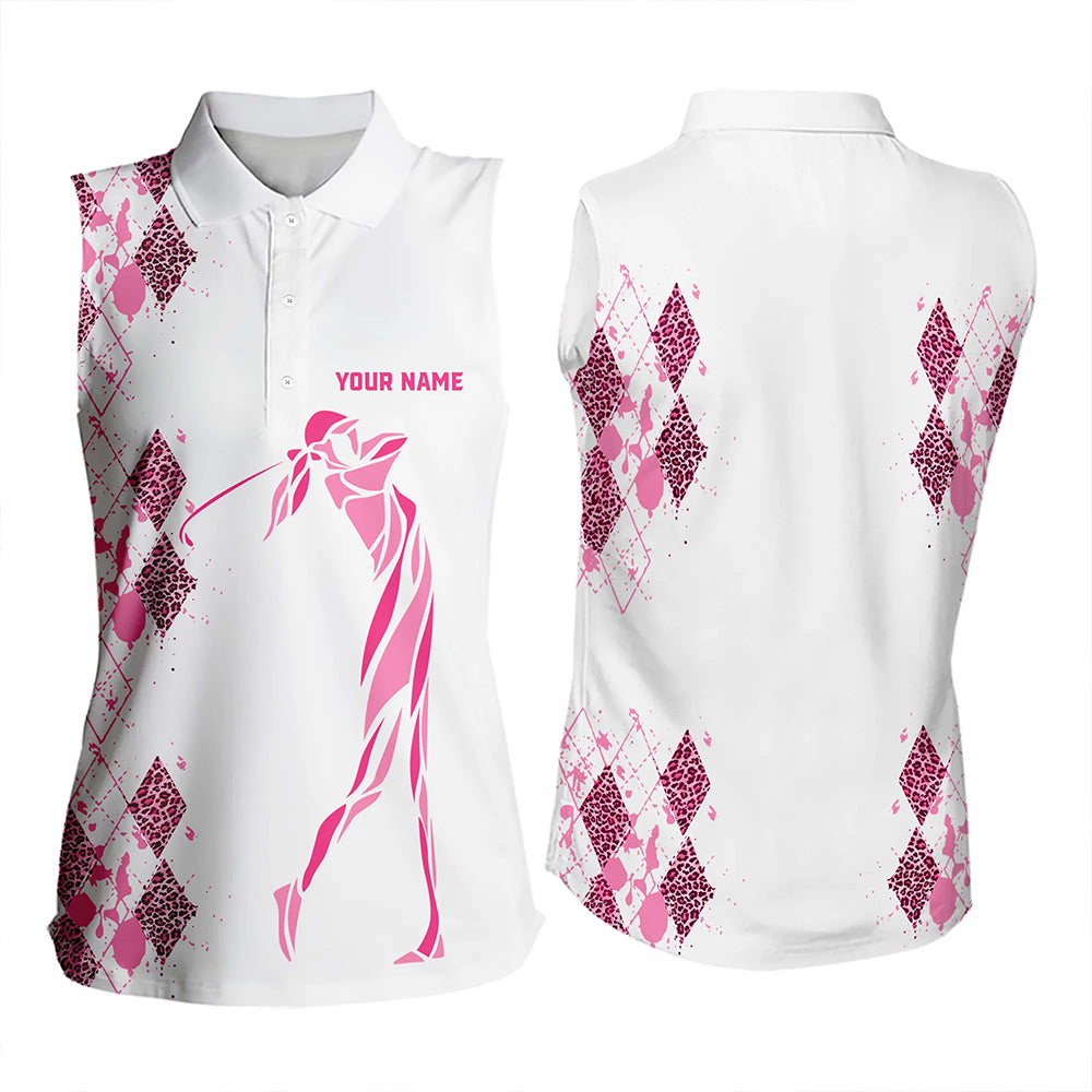 Pink Leopard argyle pattern white Women sleeveless golf polo shirt custom golf tank top for women NQS9349