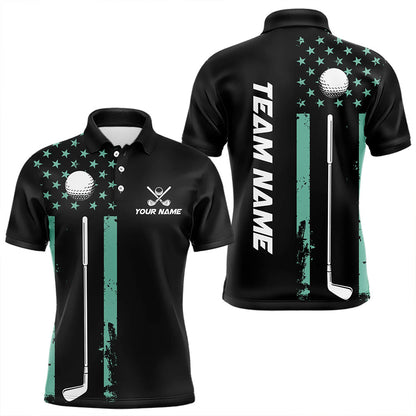 Black & Turquoise American Flag Mens golf polo shirts custom patriotic golf attire for men NQS9355