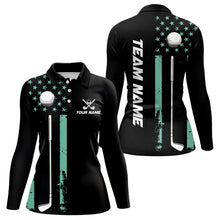 Load image into Gallery viewer, Black &amp; Turquoise American Flag Women golf polo shirts custom patriotic golf attire for ladies NQS9355