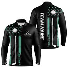 Load image into Gallery viewer, Black &amp; Turquoise American Flag Mens golf polo shirts custom patriotic golf attire for men NQS9355
