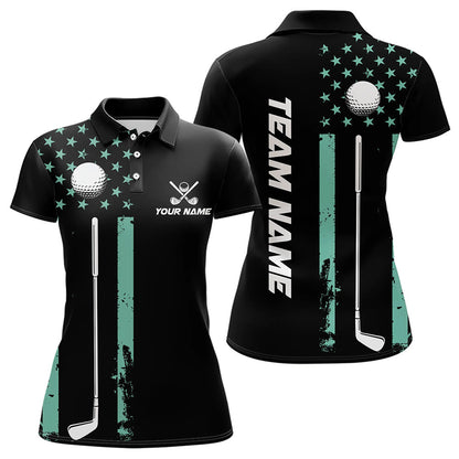 Black & Turquoise American Flag Women golf polo shirts custom patriotic golf attire for ladies NQS9355