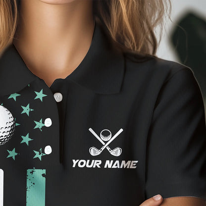 Black & Turquoise American Flag Women golf polo shirts custom patriotic golf attire for ladies NQS9355