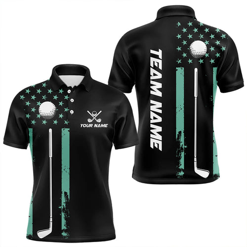 Black & Turquoise American Flag Mens golf polo shirts custom patriotic golf attire for men NQS9355