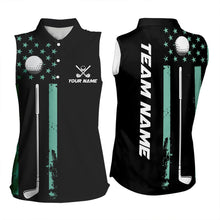 Load image into Gallery viewer, Black &amp; Turquoise American Flag Women sleeveless polos custom patriotic golf attire for ladies NQS9355