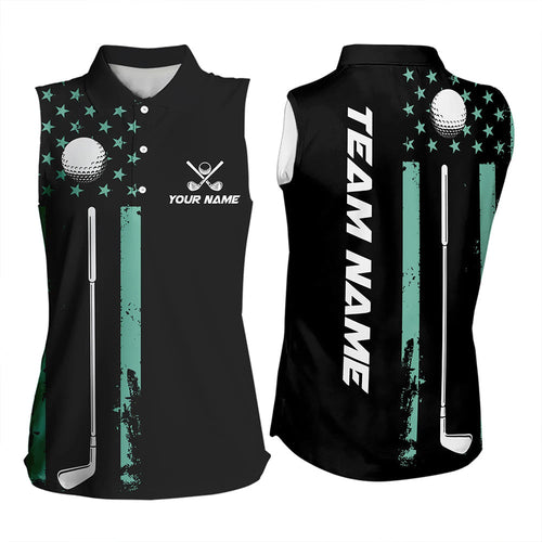 Black & Turquoise American Flag Women sleeveless polos custom patriotic golf attire for ladies NQS9355