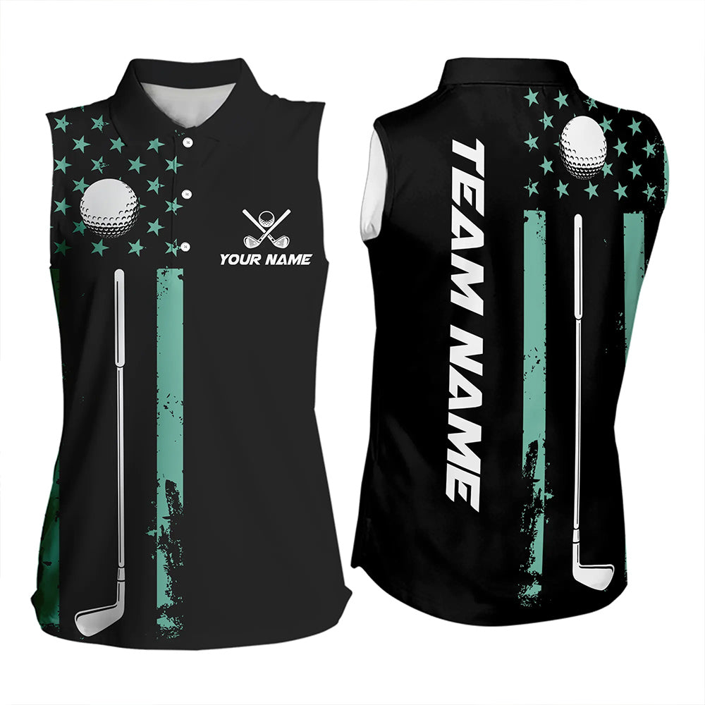 Black & Turquoise American Flag Women sleeveless polos custom patriotic golf attire for ladies NQS9355