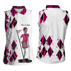 Women sleeveless polo shirts custom ladies golf skull pink zebra pattern golf shirt NQS4712