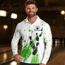 Load image into Gallery viewer, Green and White Shamrock Lucky Bowling Shirts For Men Custom St Patrick Day Team Bowling Jerseys NQS9499