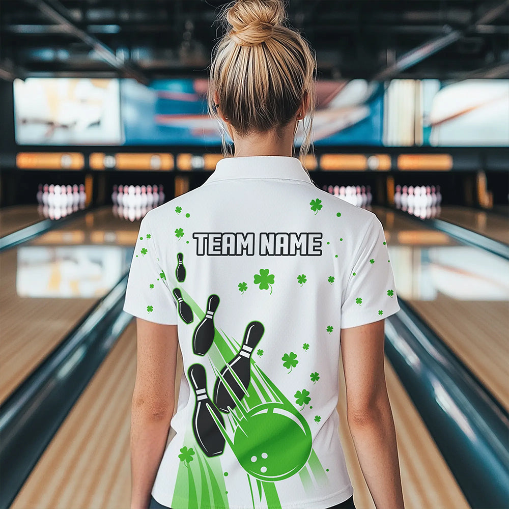 Green and White Shamrock Lucky Bowling Shirts For Women Custom St Patrick Day Team Bowling Jerseys NQS9499