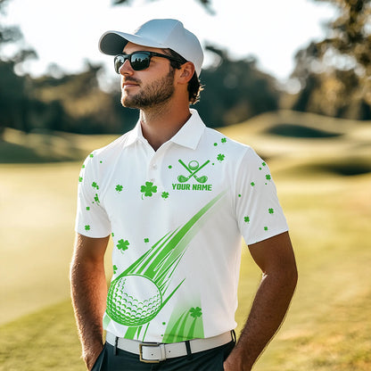 Green and White shamrock Lucky Mens golf polo shirts Custom St Patrick Day golf attire for men NQS9500