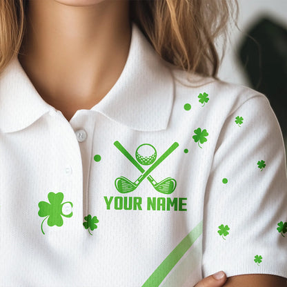 Green and White shamrock Lucky Womens golf polo shirts Custom St Patrick Day golf attire for ladies NQS9500