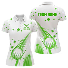 Load image into Gallery viewer, Green and White shamrock Lucky Womens golf polo shirts Custom St Patrick Day golf attire for ladies NQS9500
