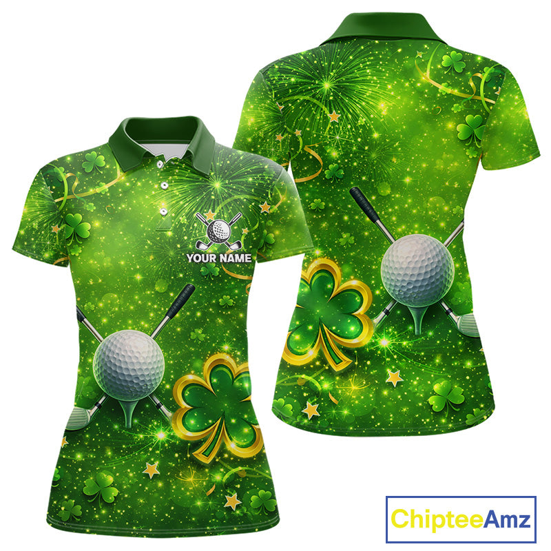 Happy St Patrick's Day Green and Gold Shamrock Womens Golf Polo Shirts Custom Golf Clothes for Ladies NQS11629