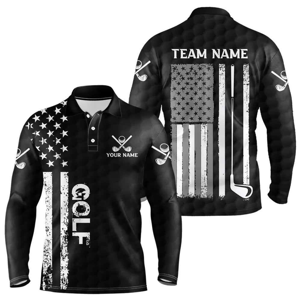Black and White Retro American Flag Mens golf polo shirts custom team patriotic golf gifts golfer NQS9663
