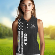 Load image into Gallery viewer, Black and White Retro American Flag Women Sleeveless golf polo shirts custom patriotic golf gifts NQS9663