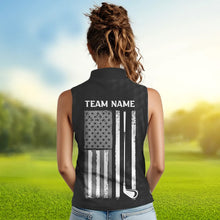 Load image into Gallery viewer, Black and White Retro American Flag Women Sleeveless golf polo shirts custom patriotic golf gifts NQS9663