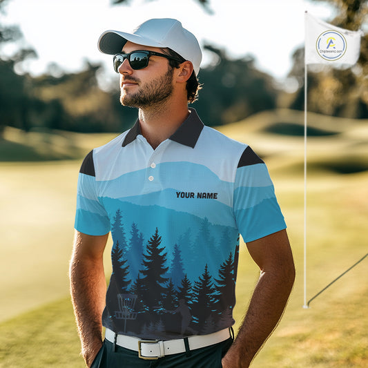 Blue pattern forest Mens Disc golf polo shirts Custom team disc golf jerseys for men NQS9943