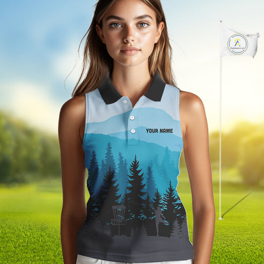 Blue pattern forest Womens sleeveless polo shirt Custom team disc golf jerseys for ladies NQS9943