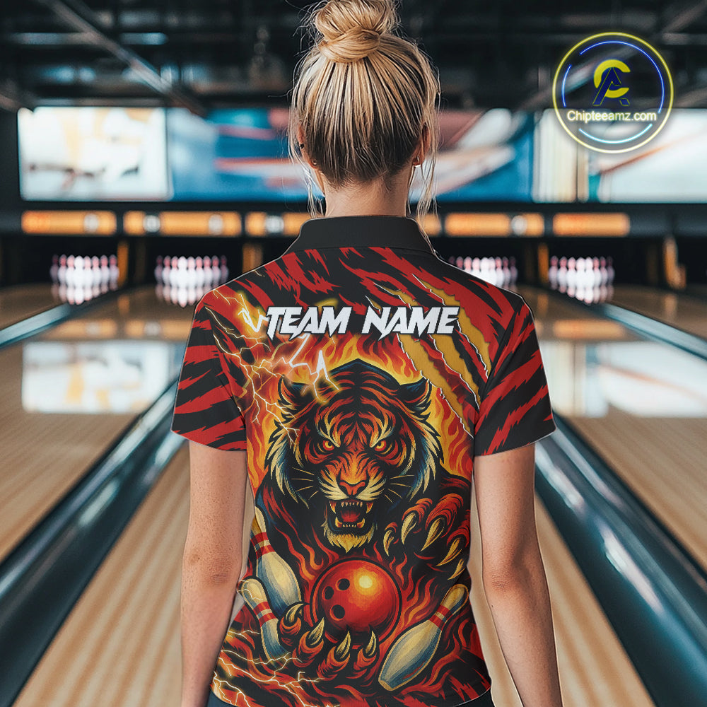 Personalized Tiger Bowling Shirts For Women, Orange Flame Lightning Thunder Tiger Team Bowling Jerseys NQS9947