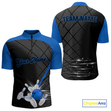 Load image into Gallery viewer, Black and blue bowling league jersey custom Mens Bowling Polo, 1/4 zip Shirt, gifts for men bowler NQS10095