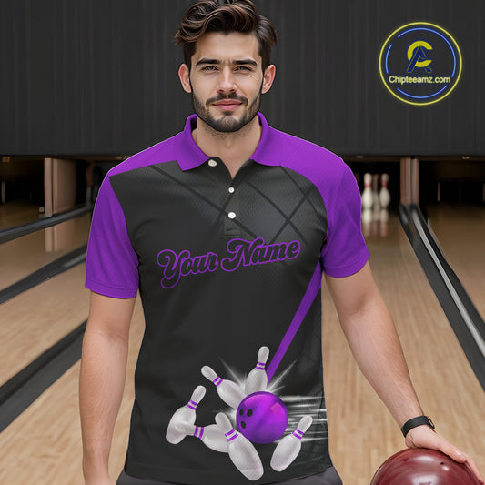 Black and Purple bowling league jersey custom Mens Bowling Polo, 1/4 zip Shirt, gifts for men bowler NQS10097
