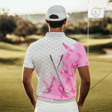 Load image into Gallery viewer, Pink ribbon breast cancer pattern custom name white Mens golf polo shirts, team golf tops for men NQS10421