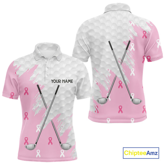 Light Pink ribbon breast cancer pattern custom white Mens golf polo shirts, team golf clubs mens tops NQS10422