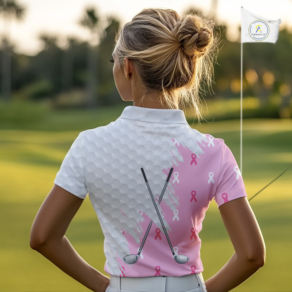 Light Pink ribbon breast cancer pattern custom white Women golf polo shirt, team ladies golf top NQS10422