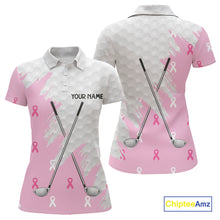 Load image into Gallery viewer, Light Pink ribbon breast cancer pattern custom white Women golf polo shirt, team ladies golf top NQS10422