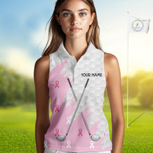 Load image into Gallery viewer, Light Pink ribbon breast cancer pattern custom white Sleeveless Polo Shirt, team ladies golf top NQS10422