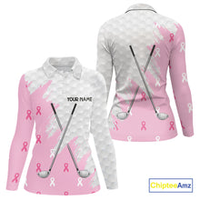 Load image into Gallery viewer, Light Pink ribbon breast cancer pattern custom white Women golf polo shirt, team ladies golf top NQS10422