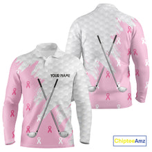 Load image into Gallery viewer, Light Pink ribbon breast cancer pattern custom white Mens golf polo shirts, team golf clubs mens tops NQS10422